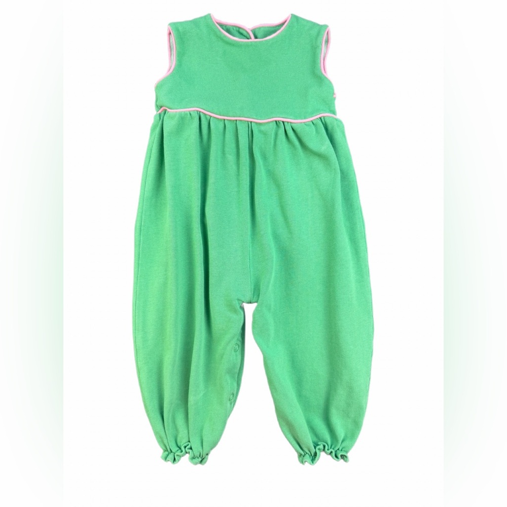THE BEAUFORT BONNET CO Green Rebecca Romper with Pink Piping and Bow - 0-6M